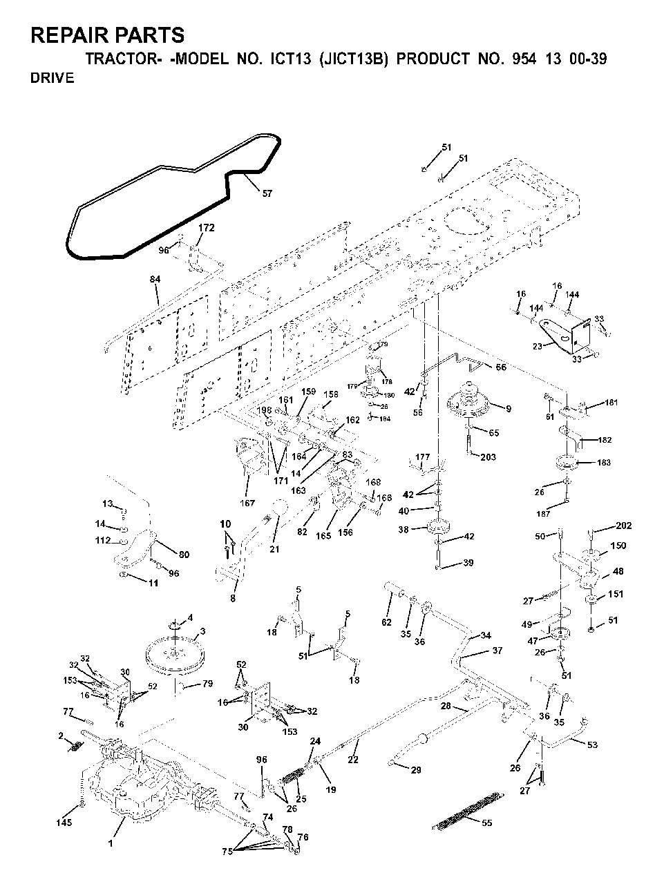 Drive Diagram and Parts List for ICT13 (954130039)(2000-02) Jonsered Lawn Tractor