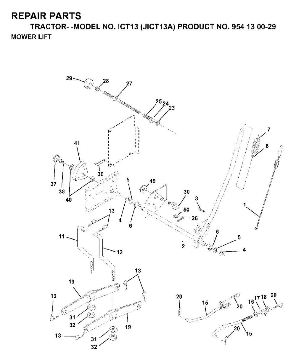 Mower Lift / Deck Lift Diagram and Parts List for ICT13 (954130029)(1999-03) Jonsered Lawn Tractor