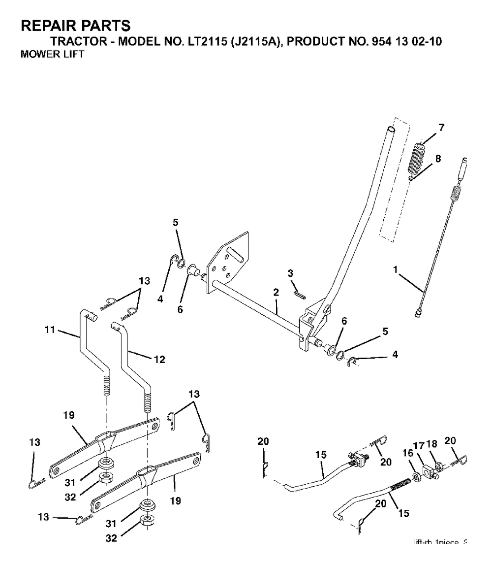 Mower Lift / Deck Lift Diagram and Parts List for LT2115 (954130210)(2004-01) Jonsered Lawn Tractor