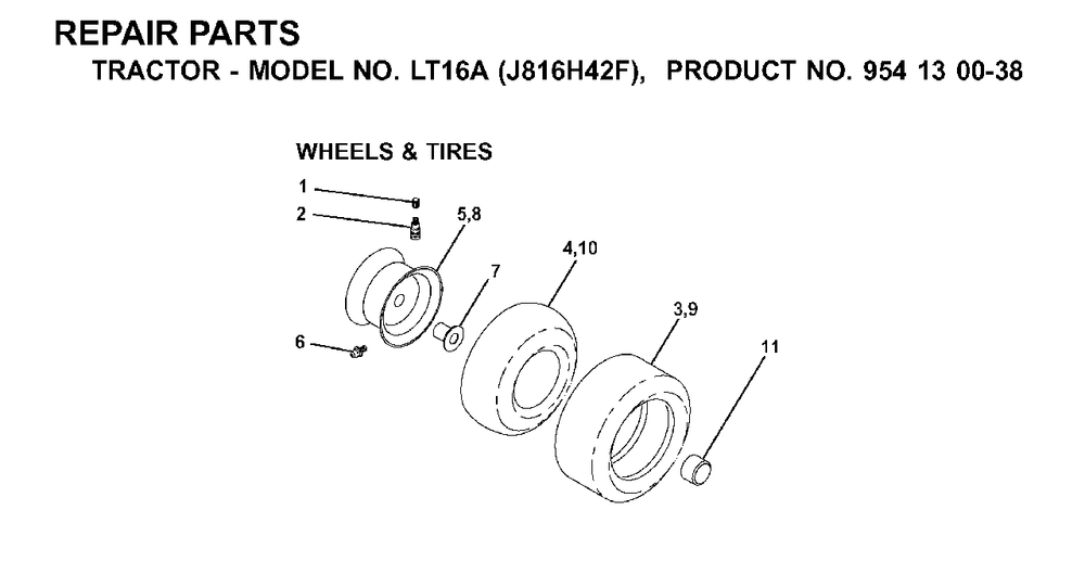 Wheels Tires Diagram and Parts List for LT16A (954130038)(2000-03) Jonsered Lawn Tractor