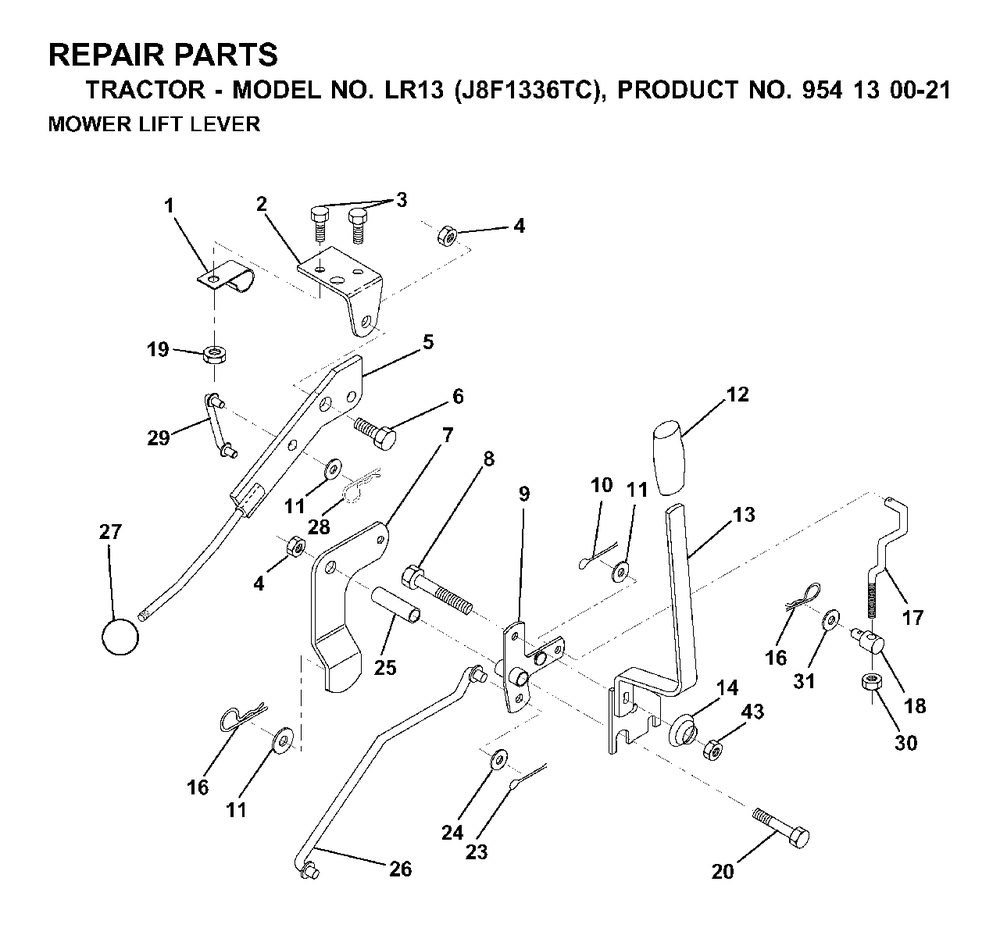 Mower Lift Lever Diagram and Parts List for LR13 (954130021)(2000-02) Jonsered Lawn Tractor