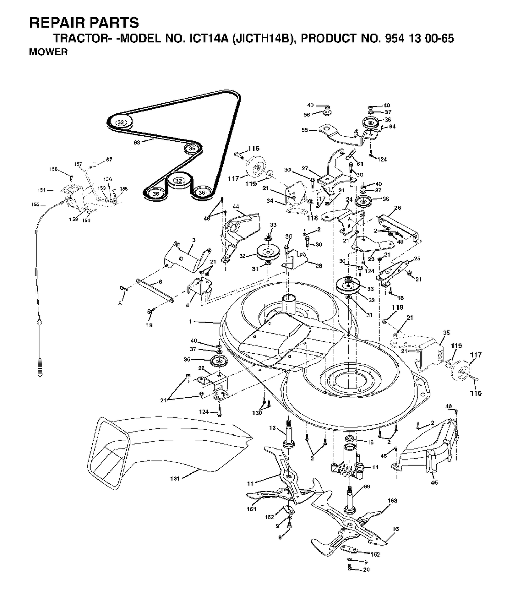 Mower Deck / Cutting Deck Diagram and Parts List for ICT14A (954130065-B)(2002-02) Jonsered Lawn Tractor