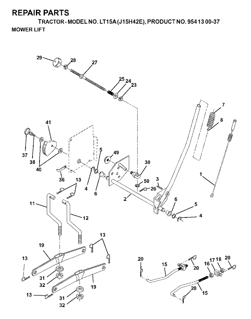 Mower Lift / Deck Lift Diagram and Parts List for LT15A (954130037-E)(2000-02) Jonsered Lawn Tractor