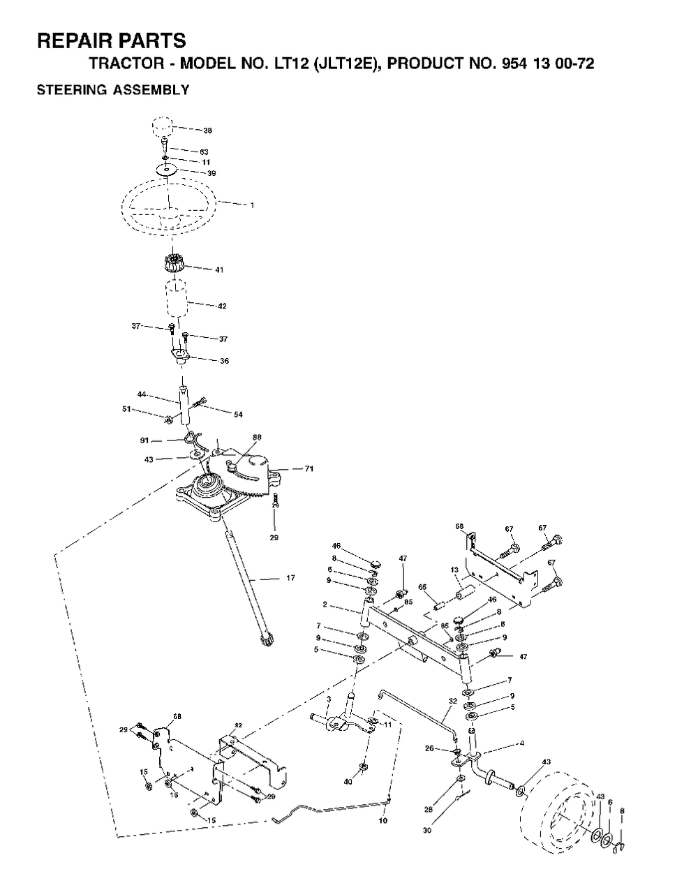 Steering Diagram and Parts List for LT12 (954130072)(2002-06) Jonsered Lawn Tractor