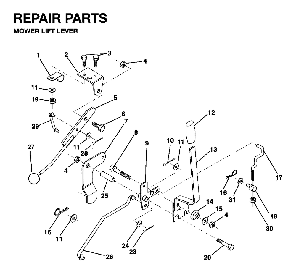 Mower Lift Lever Diagram and Parts List for LRH13 1995-01 Jonsered Lawn Tractor