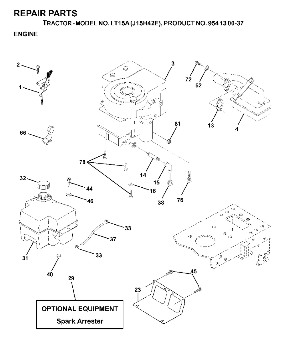 Engine Cutting Equipment Diagram and Parts List for LT15A (954130037-E)(2000-02) Jonsered Lawn Tractor