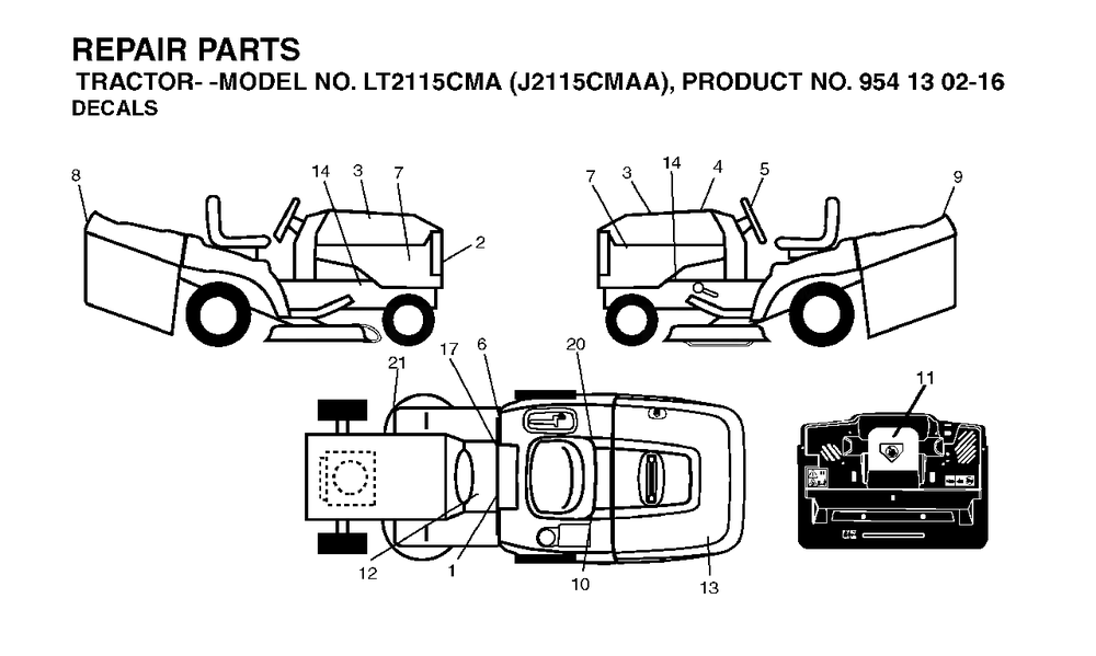 Decals Diagram and Parts List for LT2115CMA (954130216)(2004-01) Jonsered Lawn Tractor