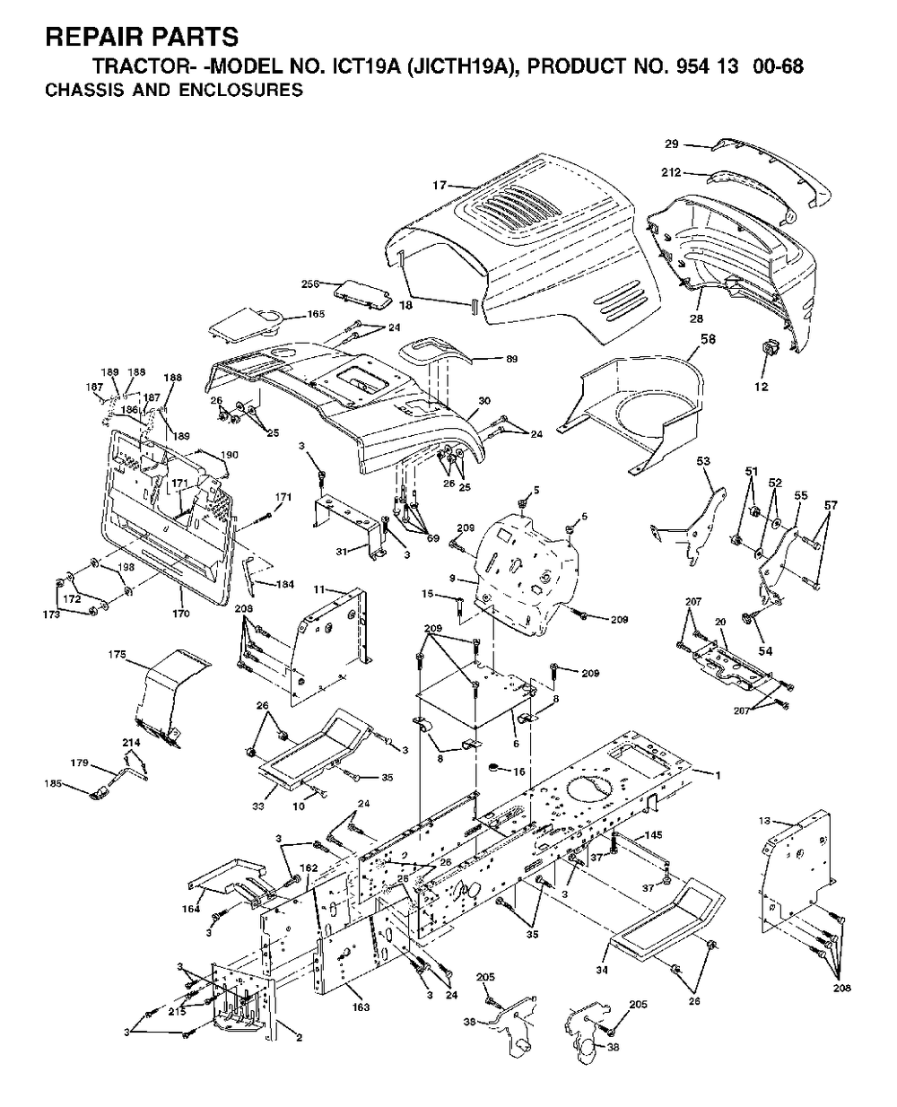Chassis Enclosures Diagram and Parts List for ICT19A (954130068)(2002-02) Jonsered Lawn Tractor