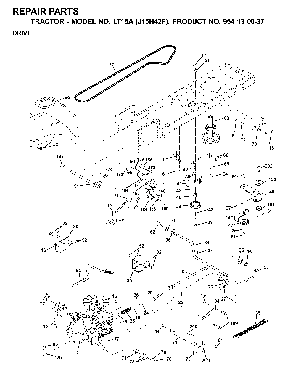 Drive Diagram and Parts List for LT15A (954130037-F)(2000-04) Jonsered Lawn Tractor