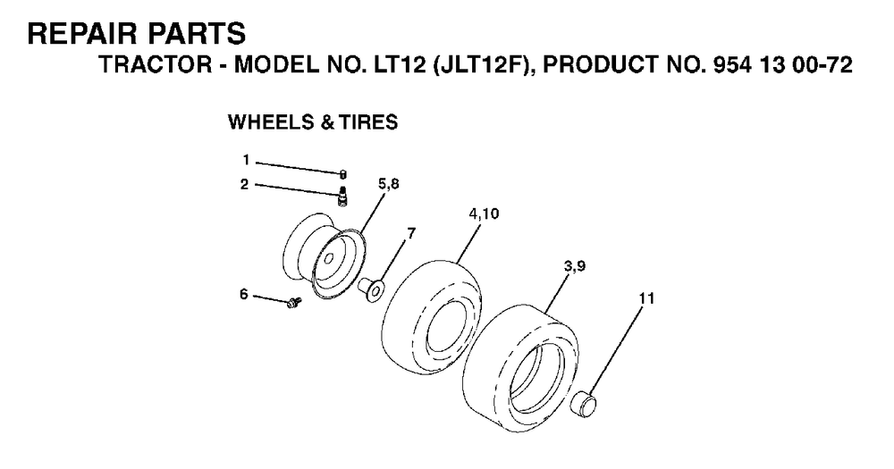 Wheels Tires Diagram and Parts List for LT12 (954130072)(2003-01) Jonsered Lawn Tractor