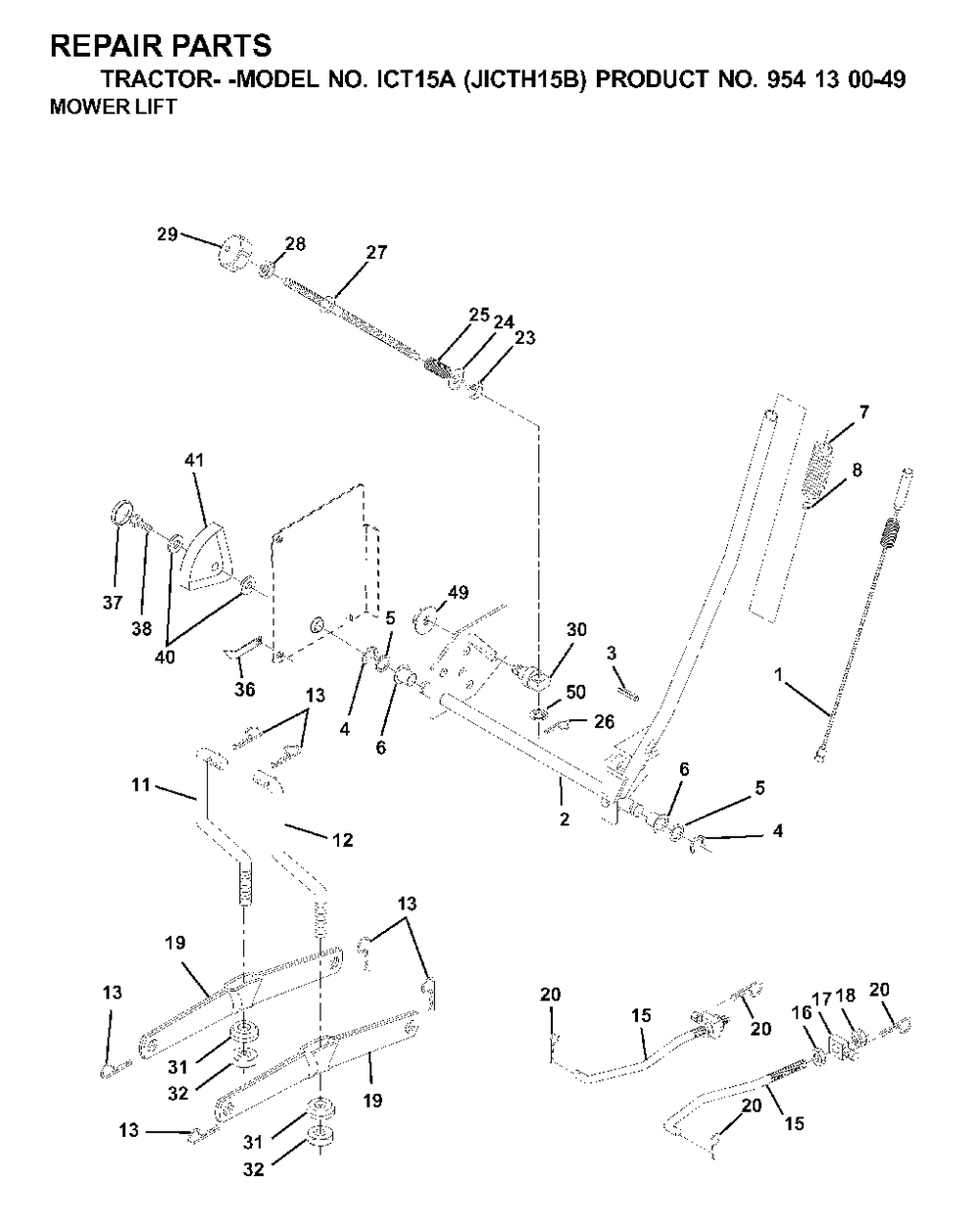Mower Lift / Deck Lift Diagram and Parts List for ICT15A (954130049-B)(2001-02) Jonsered Lawn Tractor