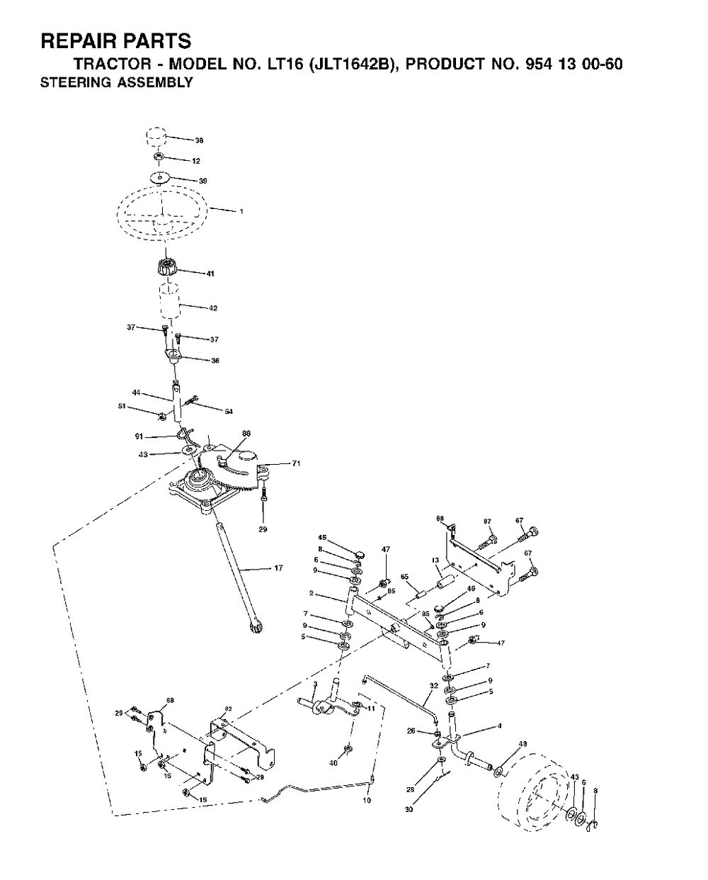 Steering Diagram and Parts List for LT16 (954130060-B)(2002-06) Jonsered Lawn Tractor