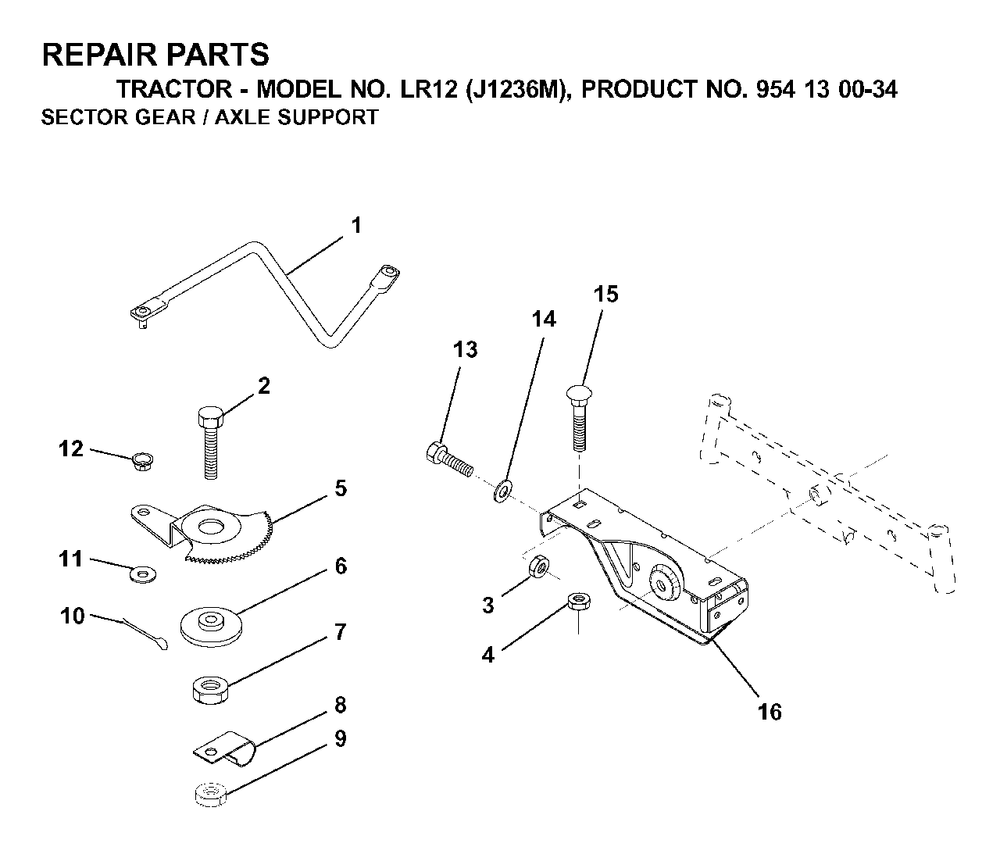 Sector Gear / Axle Support Diagram and Parts List for LR12 (954130034)(2000-04) Jonsered Lawn Tractor