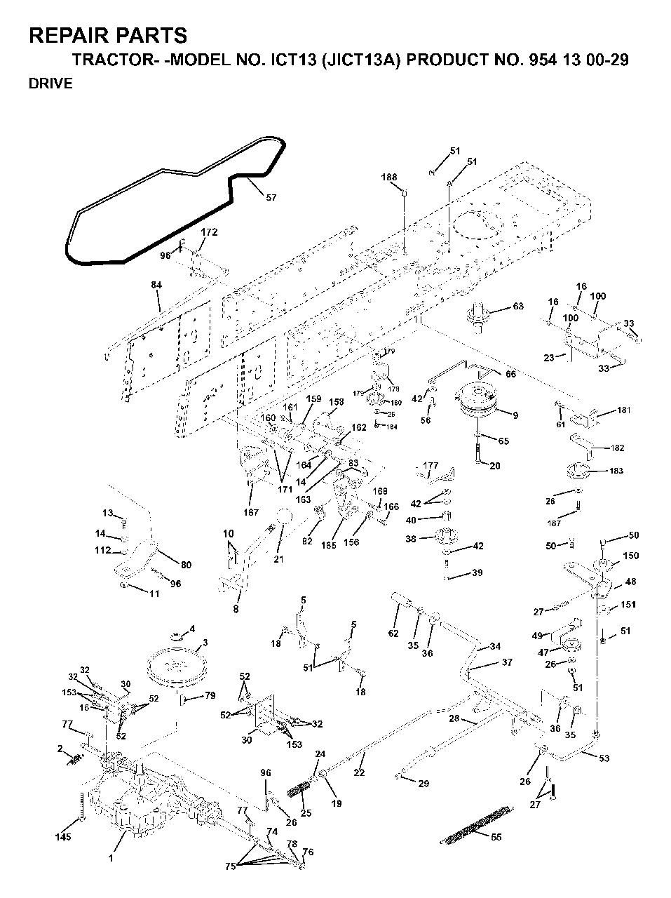 Drive Diagram and Parts List for ICT13 (954130029)(1999-03) Jonsered Lawn Tractor