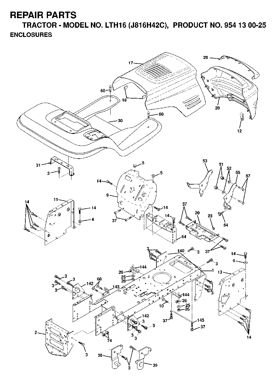 Chassis Enclosures Diagram and Parts List for LTH16 (954130025)(1998-12) Jonsered Lawn Tractor
