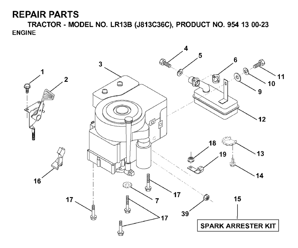 Engine Cutting Equipment Diagram and Parts List for LR13B (954130023)(2000-03) Jonsered Lawn Tractor