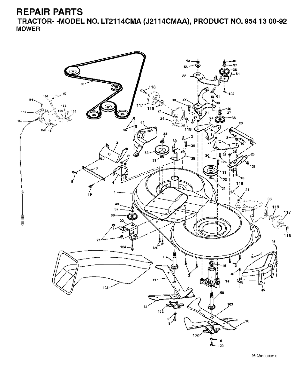 Mower Deck / Cutting Deck Diagram and Parts List for LT2114CMA (954130092-A)(2003-01) Jonsered Lawn Tractor