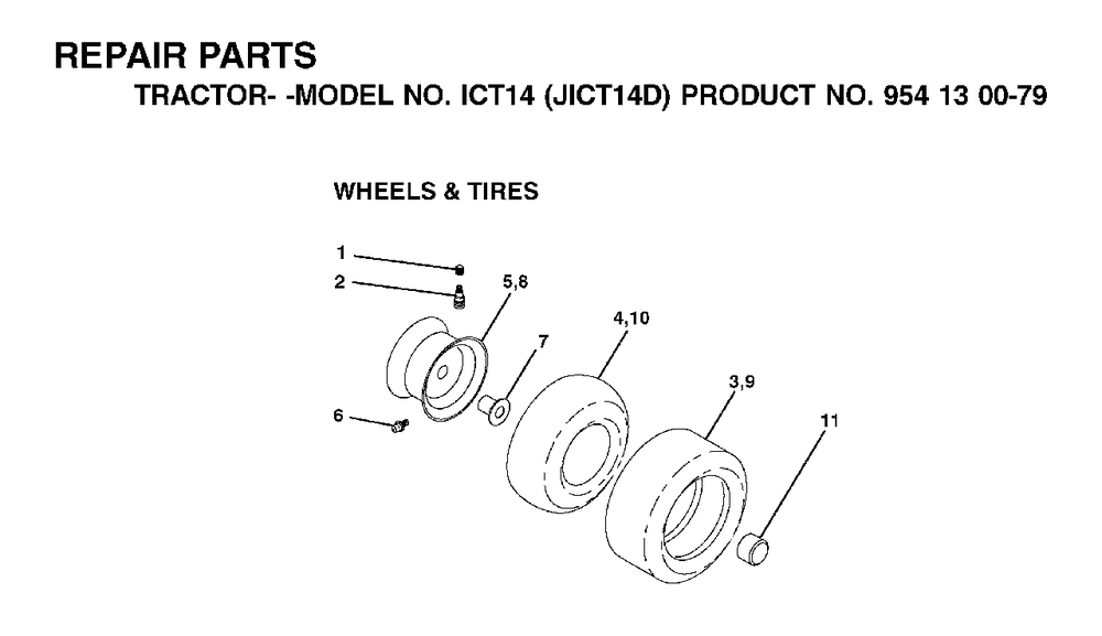 Wheels Tires Diagram and Parts List for ICT14 (954130079-D)(2002-06) Jonsered Lawn Tractor