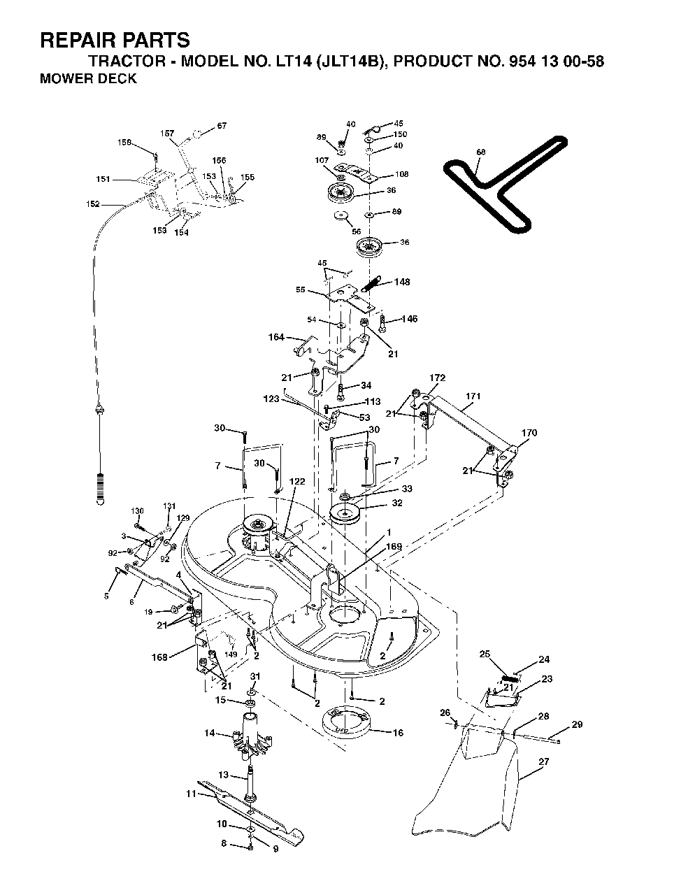 Mower Deck / Cutting Deck Diagram and Parts List for LT14 (954130058)(2003-01) Jonsered Lawn Tractor