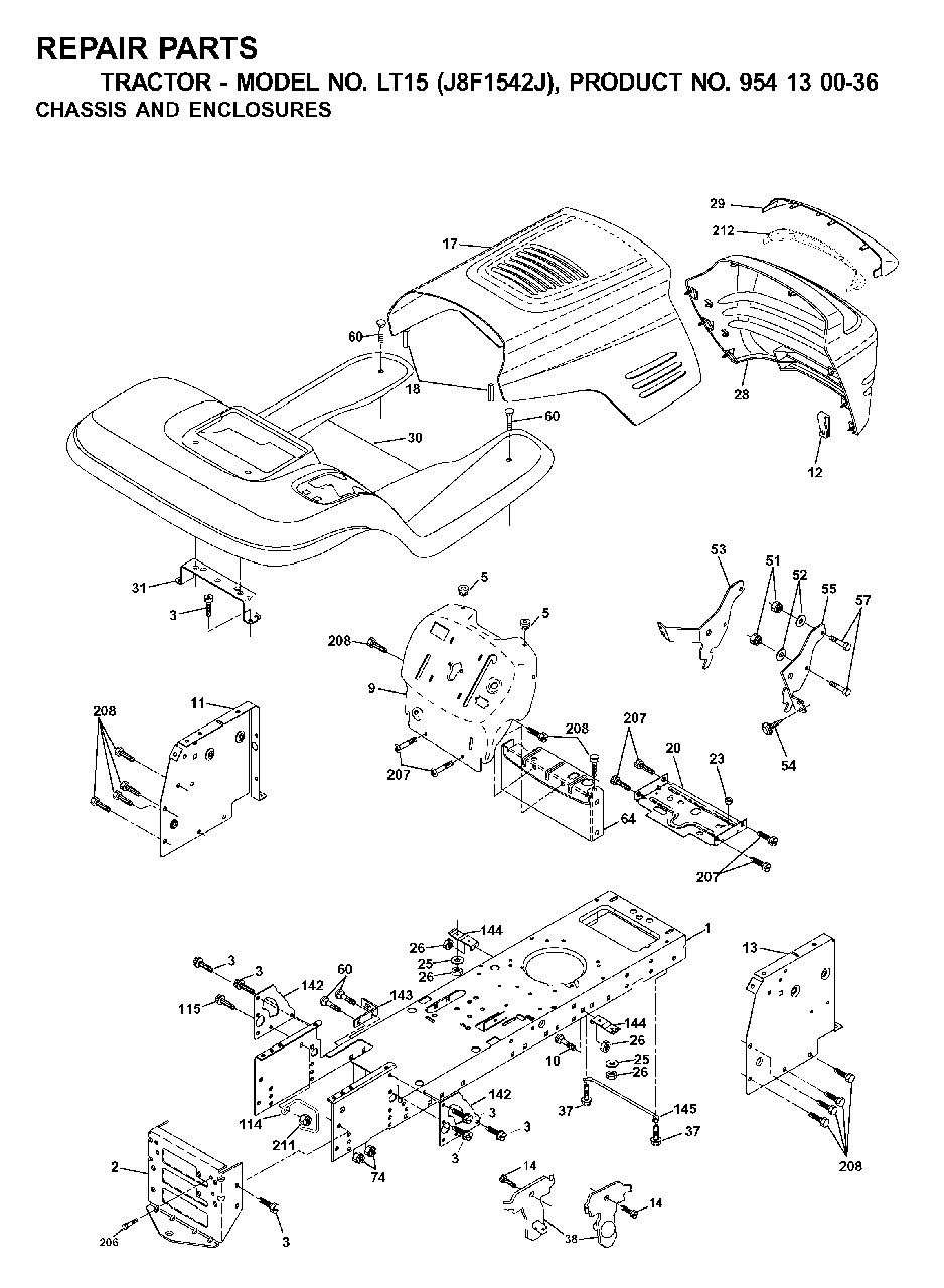 Chassis Enclosures Diagram and Parts List for LT15 (954130036-J)(2001-01) Jonsered Lawn Tractor