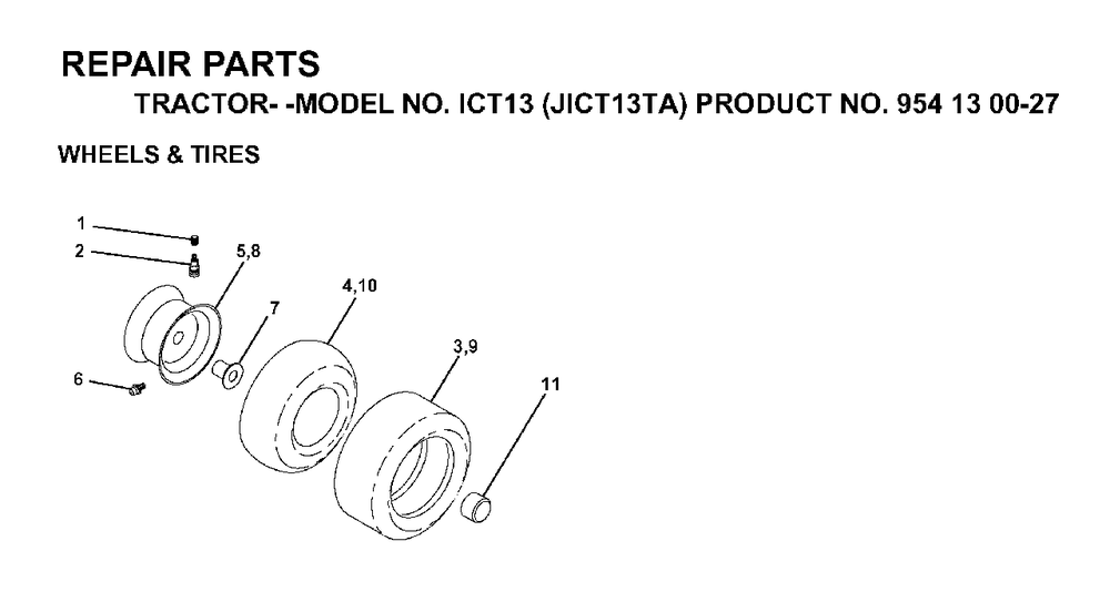 Wheels Tires Diagram and Parts List for ICT13 (954130027)(1999-03) Jonsered Lawn Tractor