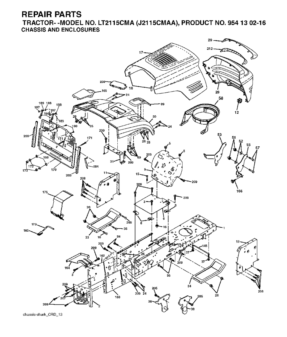 Chassis Enclosures Diagram and Parts List for LT2115CMA (954130216)(2004-01) Jonsered Lawn Tractor