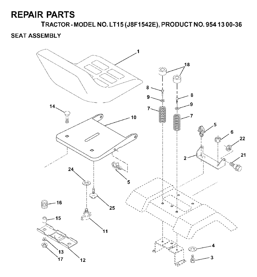 Seat Diagram and Parts List for LT15 (954130036)(2000-03) Jonsered Lawn Tractor