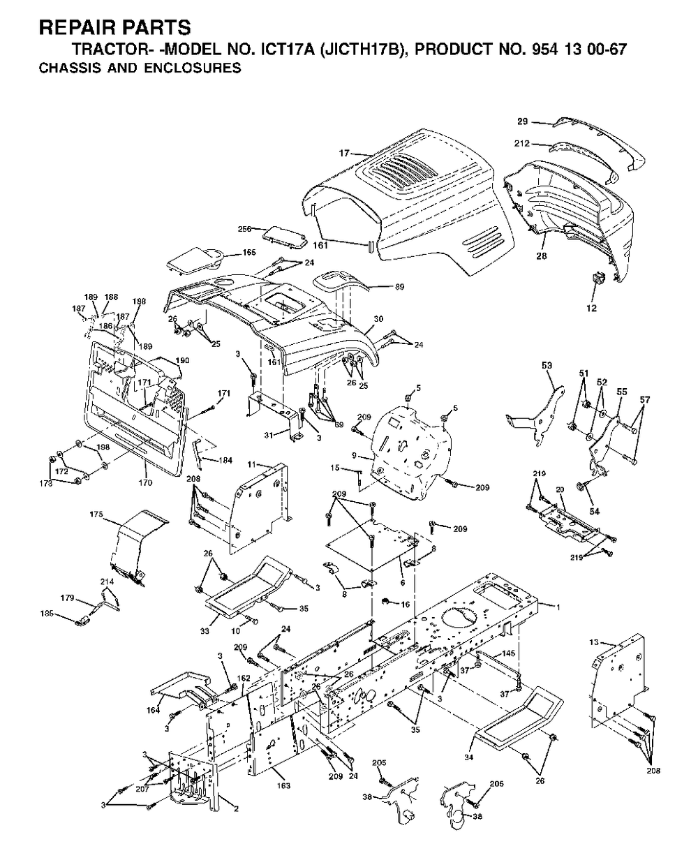 Chassis Enclosures Diagram and Parts List for ICT17A (954130067)(2002-06) Jonsered Lawn Tractor