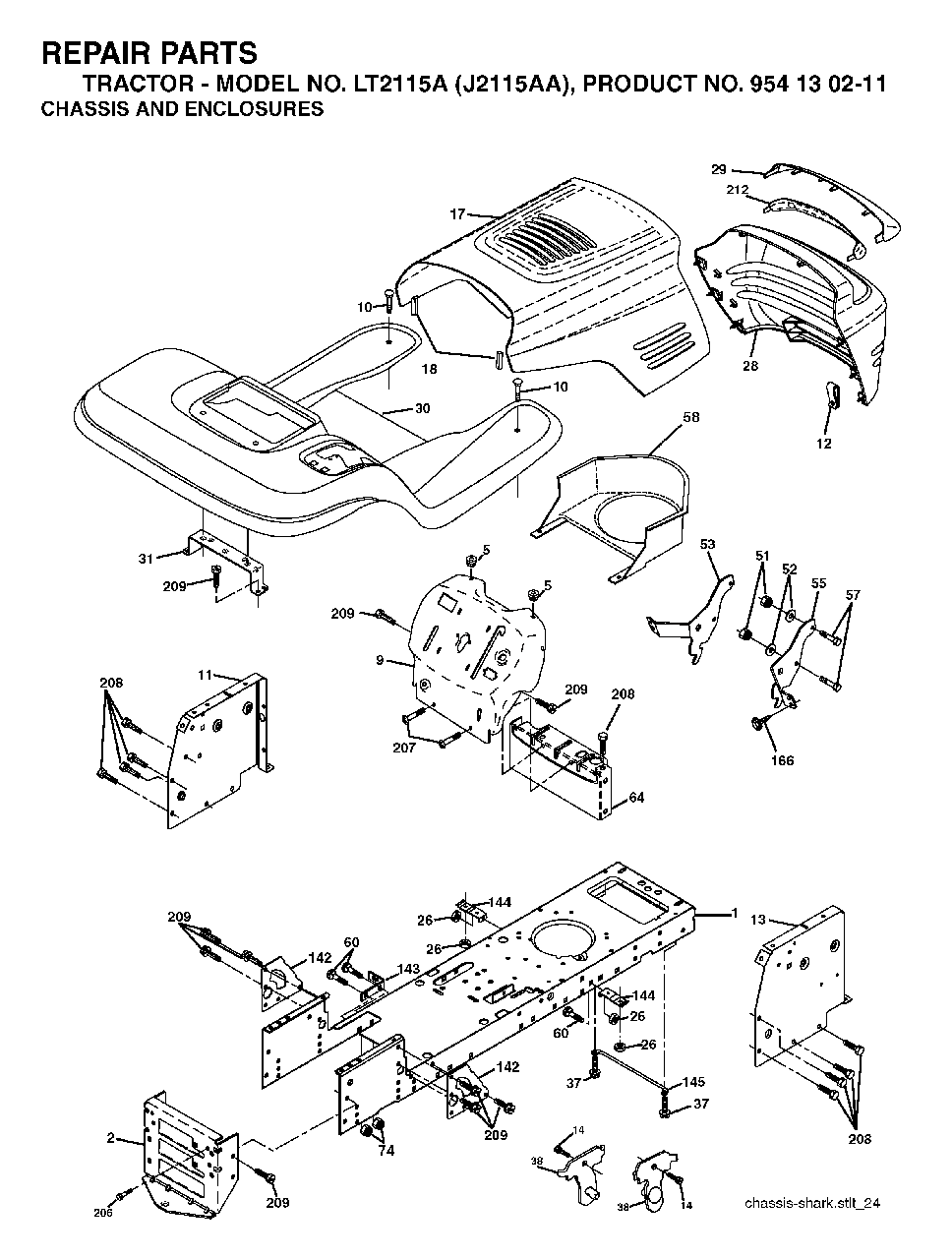 Chassis Enclosures Diagram and Parts List for LT2115A (954130211)(2004-01) Jonsered Lawn Tractor