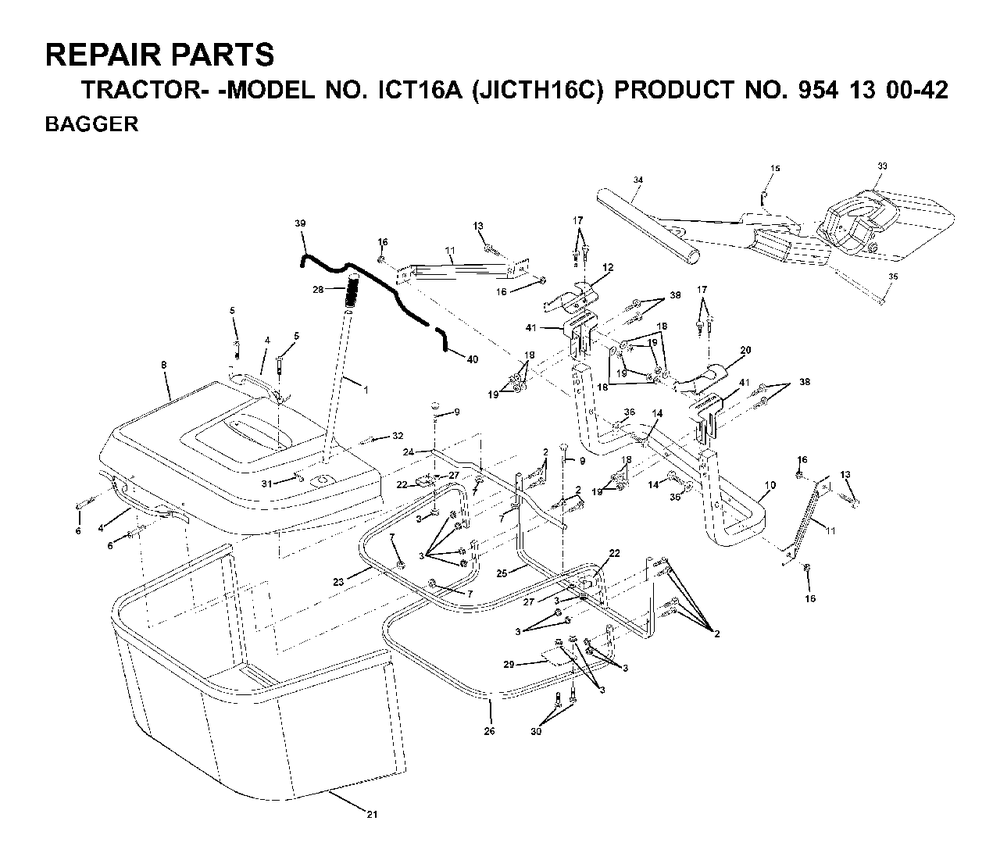 Bagger Diagram and Parts List for ICT16A (954130042)(2000-02) Jonsered Lawn Tractor