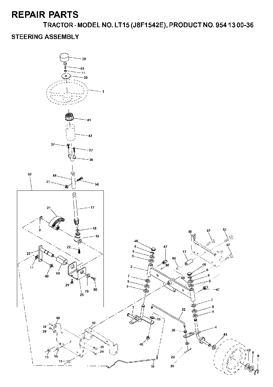 Steering Diagram and Parts List for LT15 (954130036)(2000-03) Jonsered Lawn Tractor