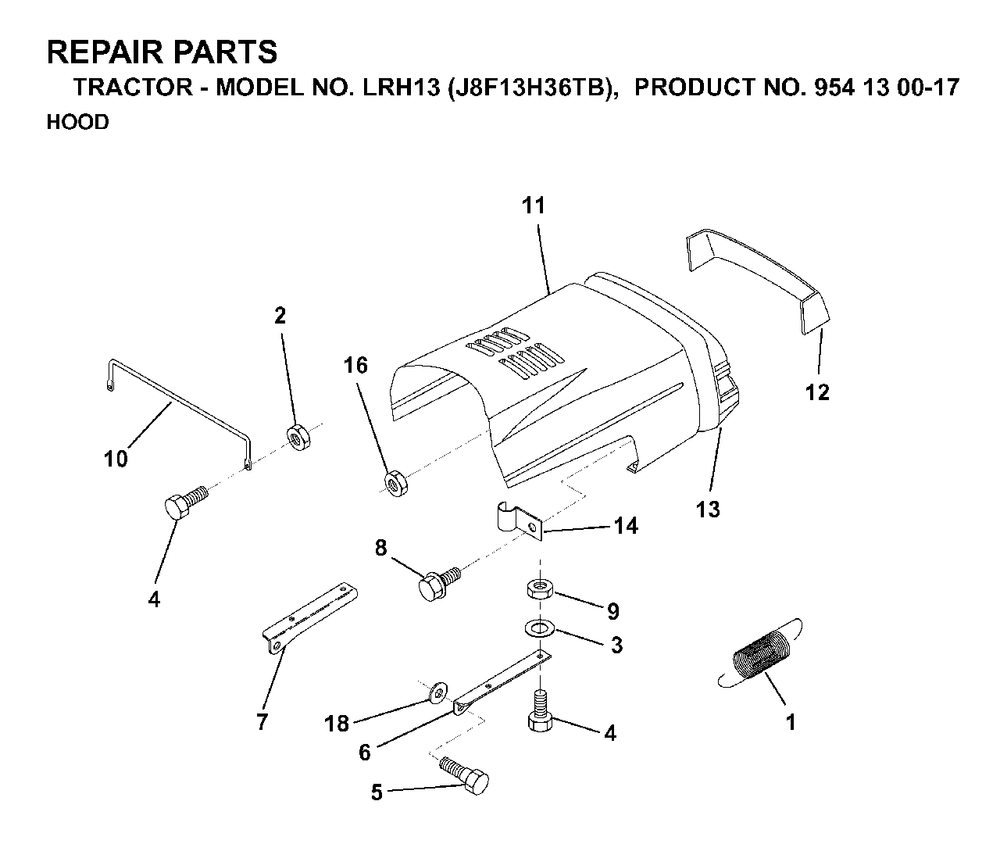 Hood Diagram and Parts List for LRH13 (954130017)(1998-12) Jonsered Lawn Tractor