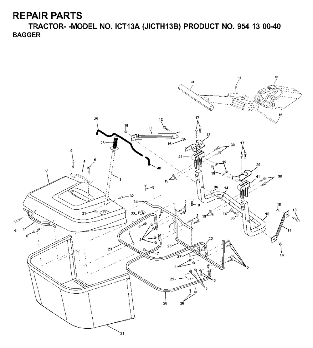 Bagger Diagram and Parts List for ICT13A (954130040)(2000-04) Jonsered Lawn Tractor
