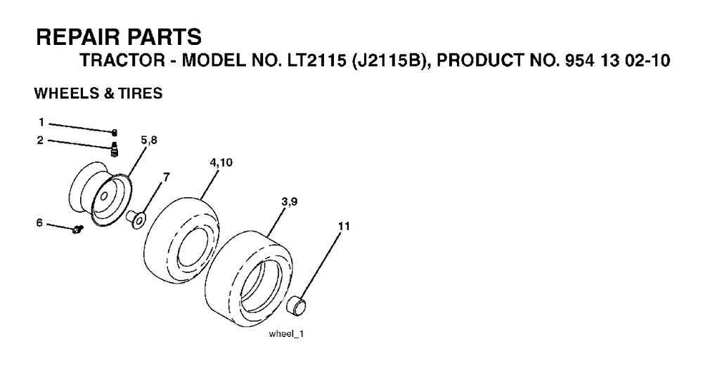 Wheels Tires Diagram and Parts List for LT2115 (954130210)(2004-06) Jonsered Lawn Tractor
