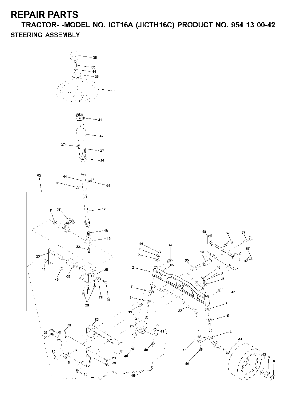Steering Diagram and Parts List for ICT16A (954130042)(2000-02) Jonsered Lawn Tractor