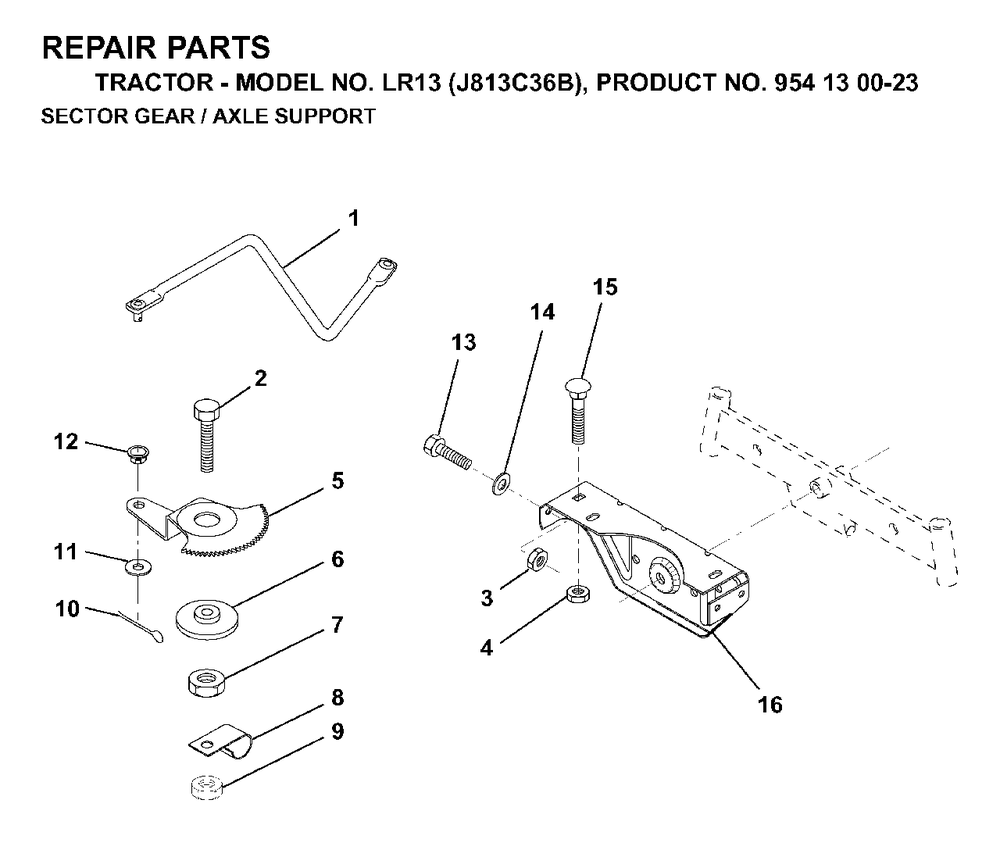 Sector Gear / Axle Support Diagram and Parts List for LR13 (954130023)(1998-12) Jonsered Lawn Tractor