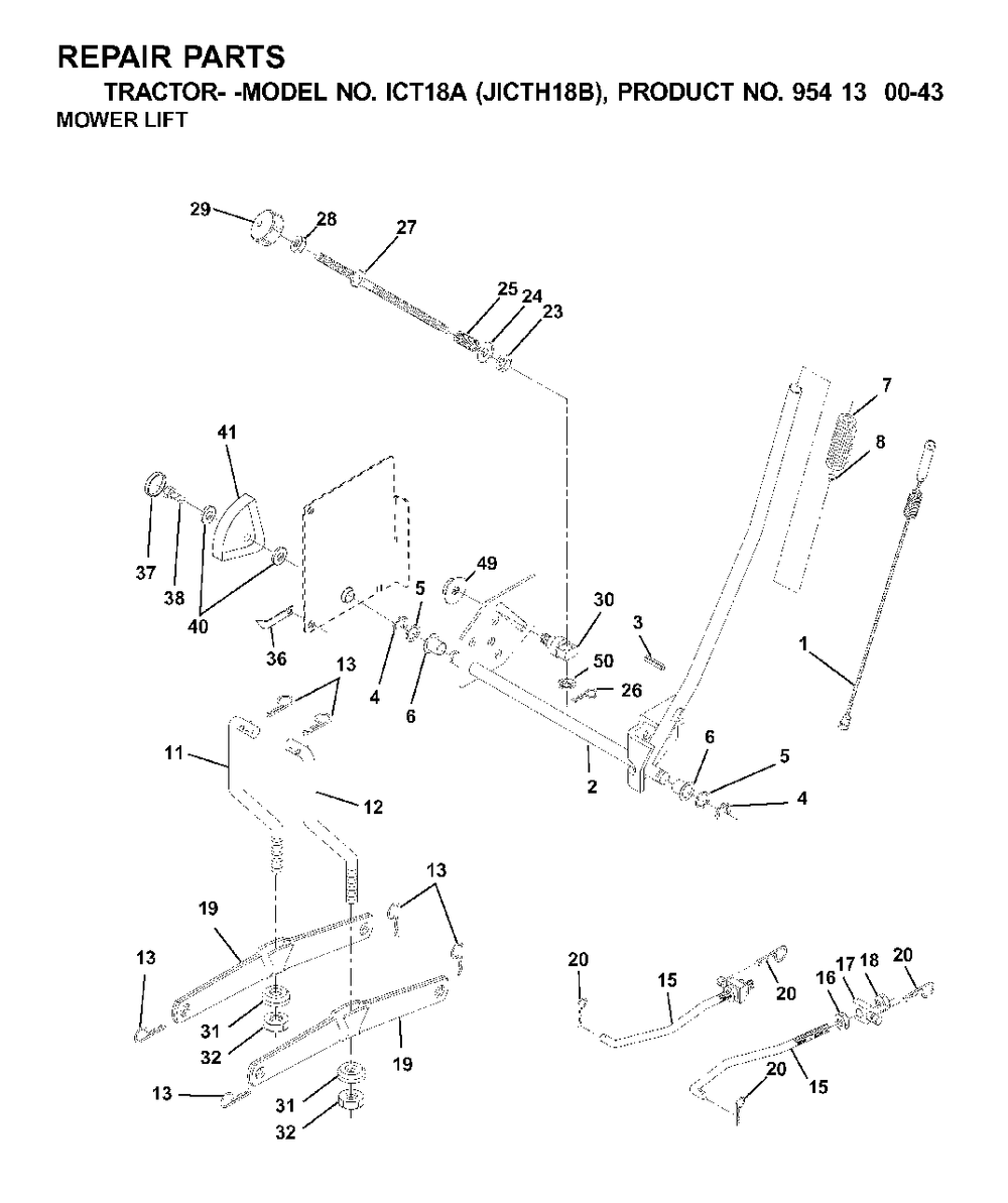 Mower Lift / Deck Lift Diagram and Parts List for ICT18A (954130043-B)(2001-02) Jonsered Lawn Tractor