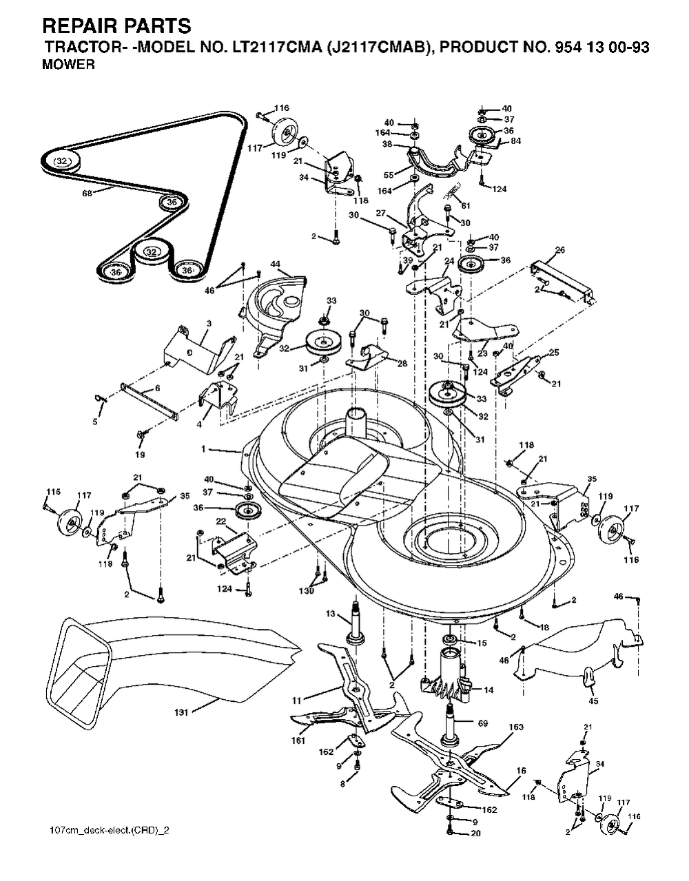 Mower Deck / Cutting Deck Diagram and Parts List for LT2117CMA (954130093)(2003-05) Jonsered Lawn Tractor
