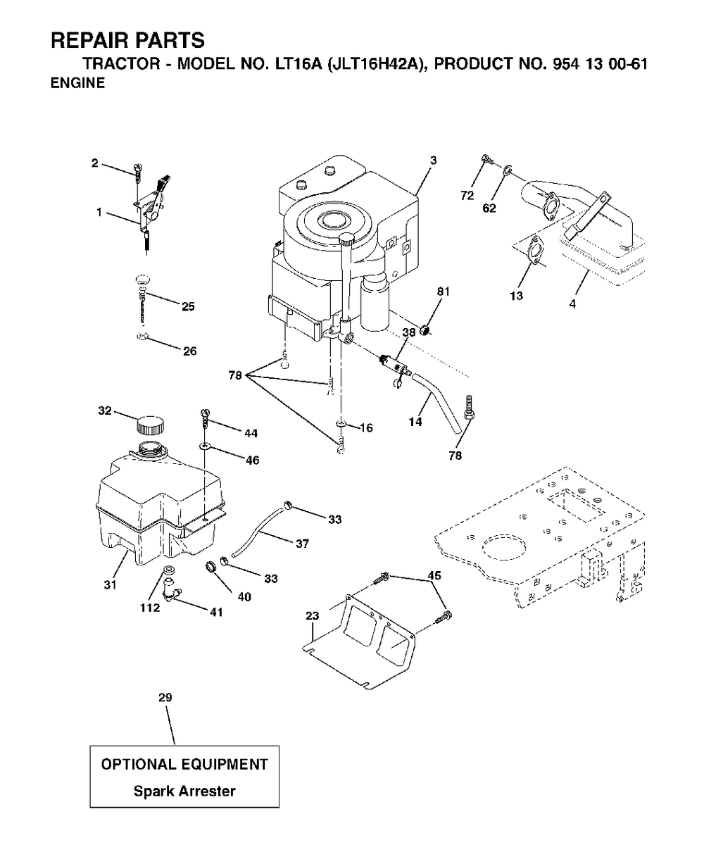 Engine Diagram and Parts List for LT16A (954130061)(2002-06) Jonsered Lawn Tractor