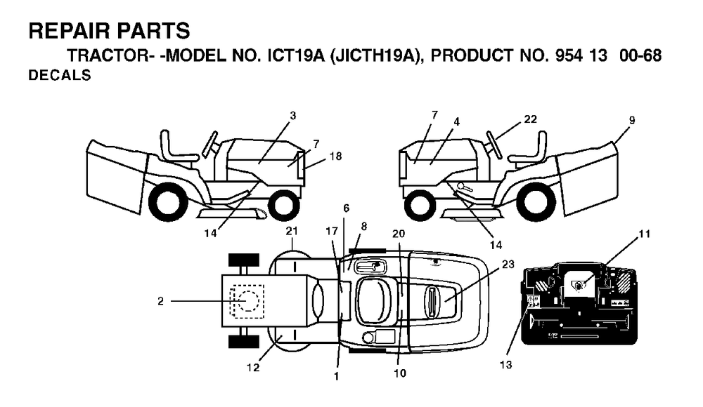 Decals Diagram and Parts List for ICT19A (954130068)(2002-02) Jonsered Lawn Tractor