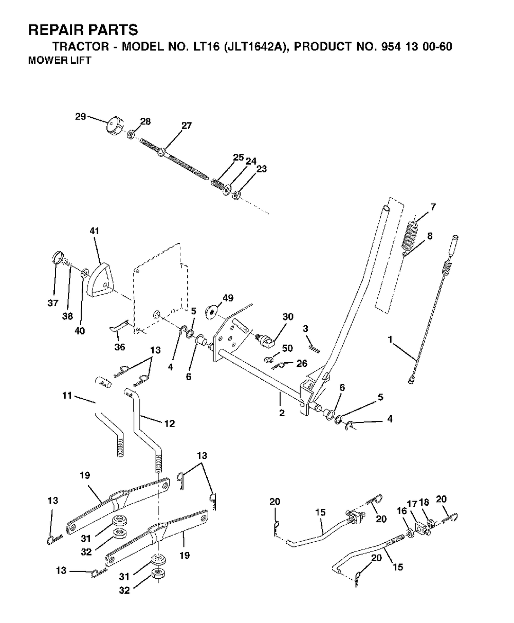 Mower Lift / Deck Lift Diagram and Parts List for LT16 (954130060-A)(2002-06) Jonsered Lawn Tractor
