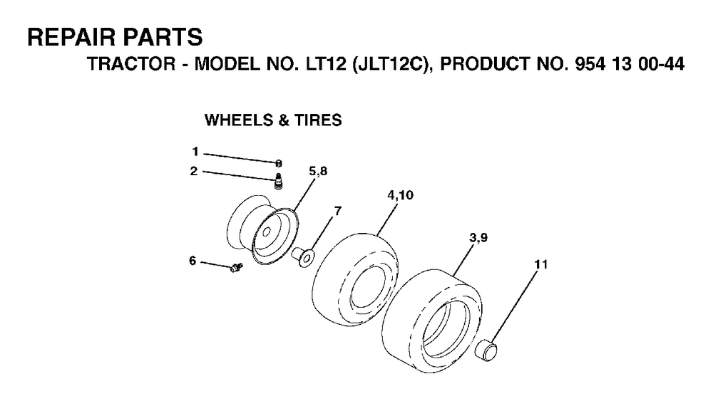 Wheels Tires Diagram and Parts List for LT12 (954130044)(2001-09) Jonsered Lawn Tractor
