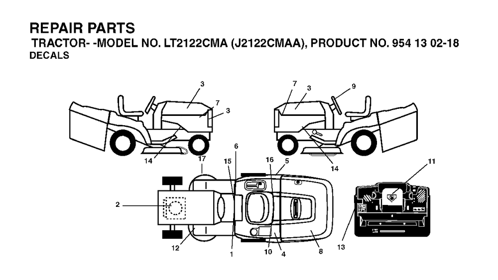 Decals Diagram and Parts List for LT2122CMA (954130218)(2004-01) Jonsered Lawn Tractor