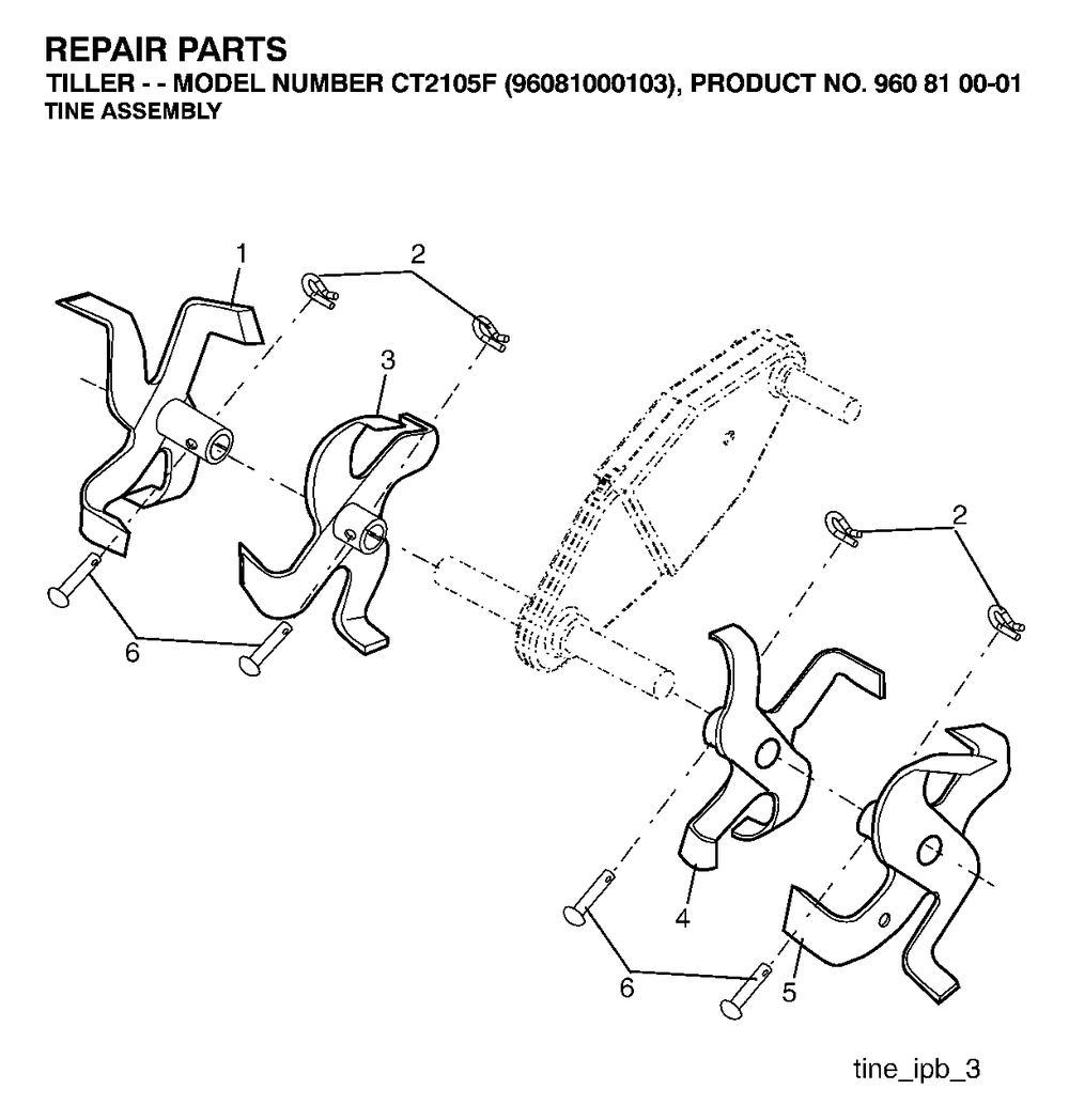 Tine Assembly Diagram and Parts List for CT2105F (960810001-03)(2007-02) Jonsered Tiller