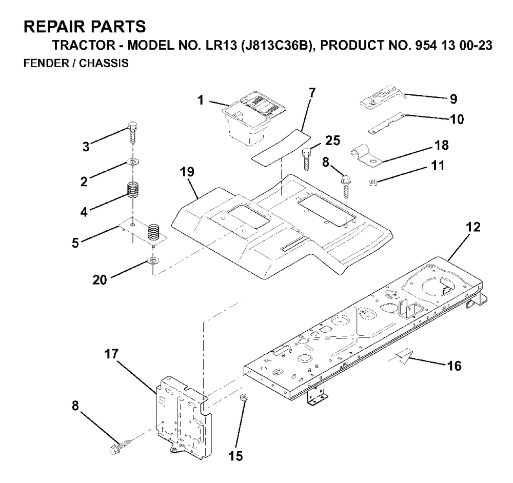 Chassis Enclosures Diagram and Parts List for LR13 (954130023)(1998-12) Jonsered Lawn Tractor