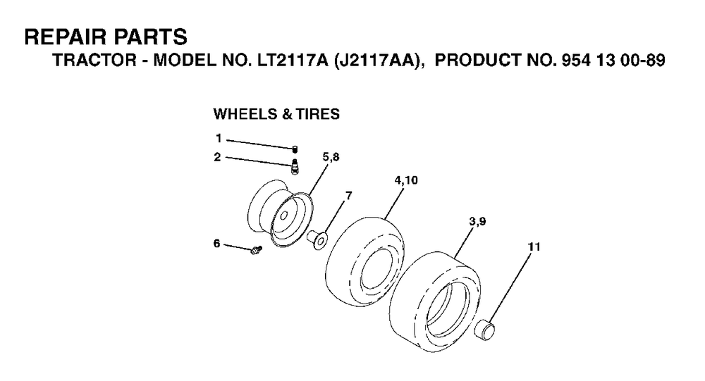 Wheels Tires Diagram and Parts List for LT2117A (954130089)(2003-01) Jonsered Lawn Tractor