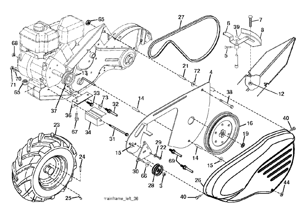 Mainframe Left Side Diagram and Parts List for J208D17 (960920036-00)(2015-11) Jonsered Tiller