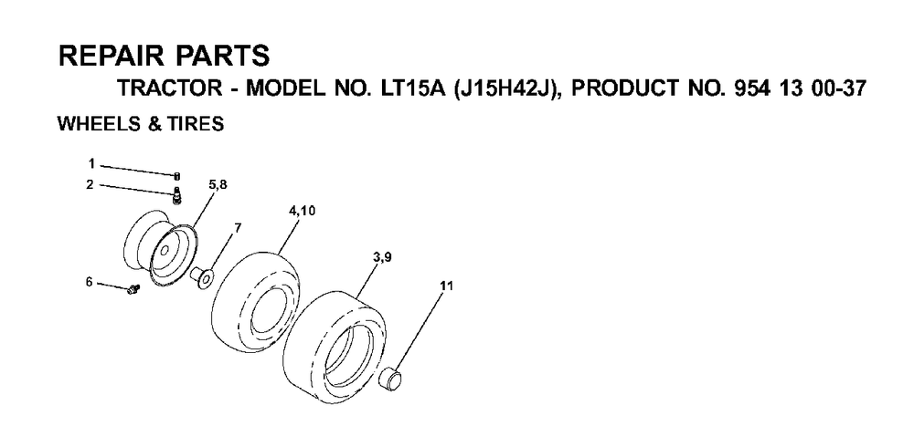 Wheels Tires Diagram and Parts List for LT15A (954130037-J)(2001-01) Jonsered Lawn Tractor