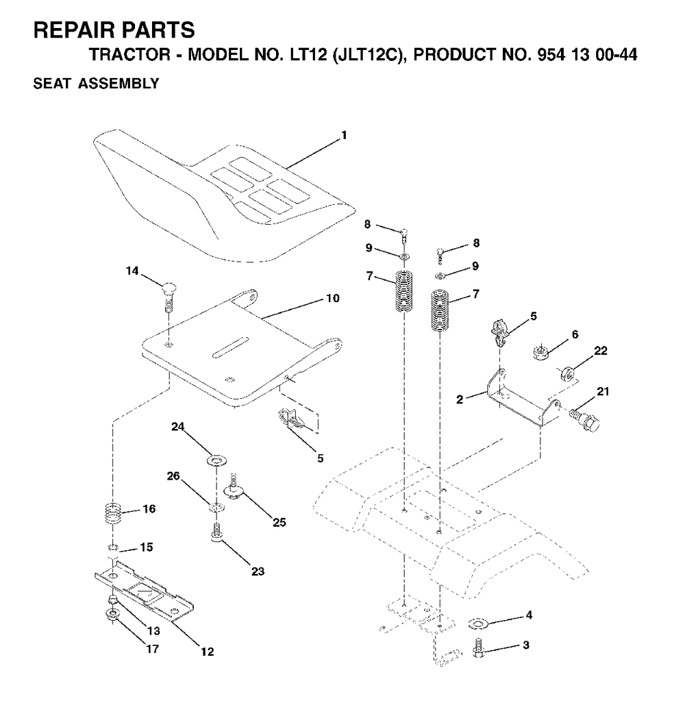 Seat Diagram and Parts List for LT12 (954130044)(2001-09) Jonsered Lawn Tractor