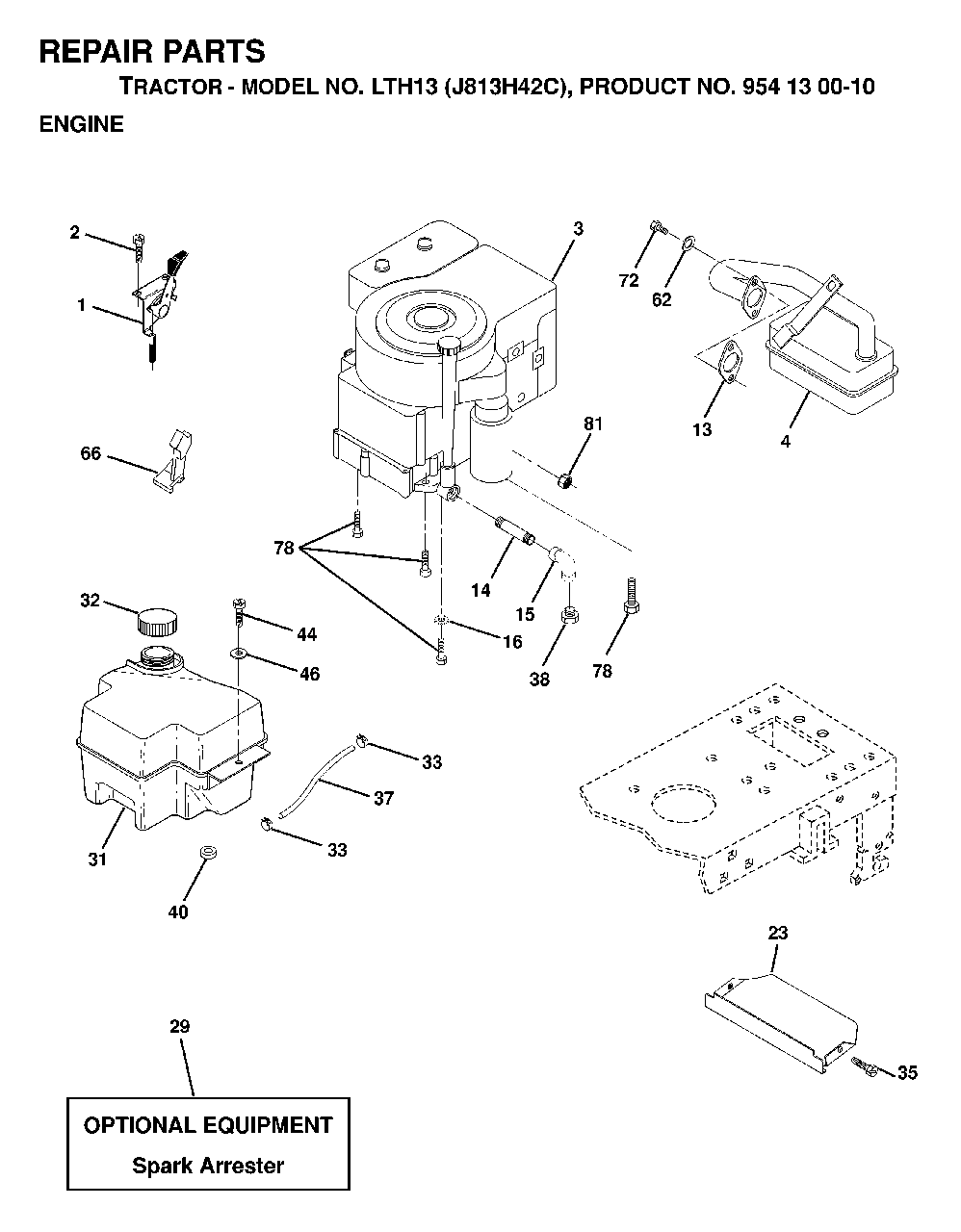 Engine Cutting Equipment Diagram and Parts List for LTH13 (954130010)(1998-12) Jonsered Lawn Tractor